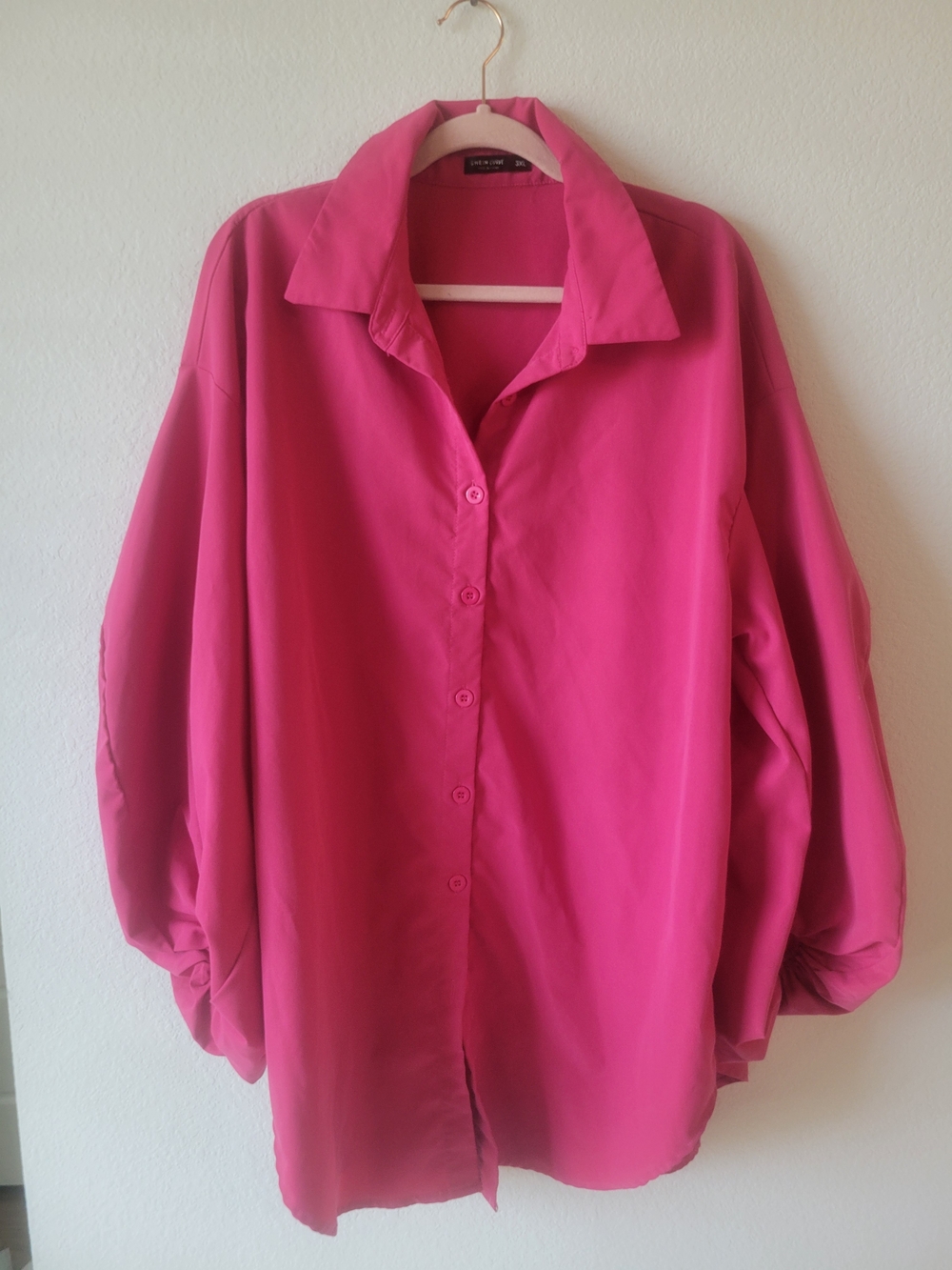 Women’s Hot Pink Button-Up Balloon Sleeve Top Oversized - Picture 2 of 5